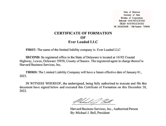 Certificate of Formation of Ever Loaded LLC from the Delaware Division of Corporations. Opens the PDF.